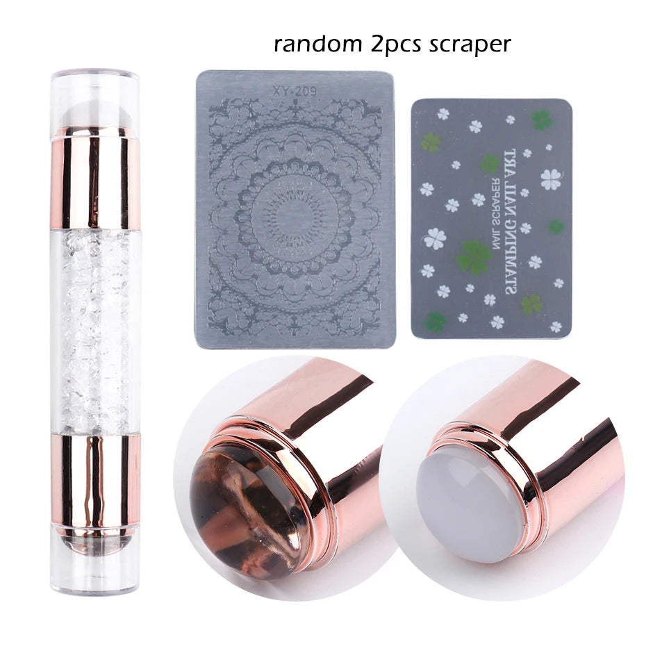 Mirror Nail Stamper Clear Silicone Head Manicure Scraper Polish Transfer Template Kits with Cap Nail Art Stamping Plate CH1033-1