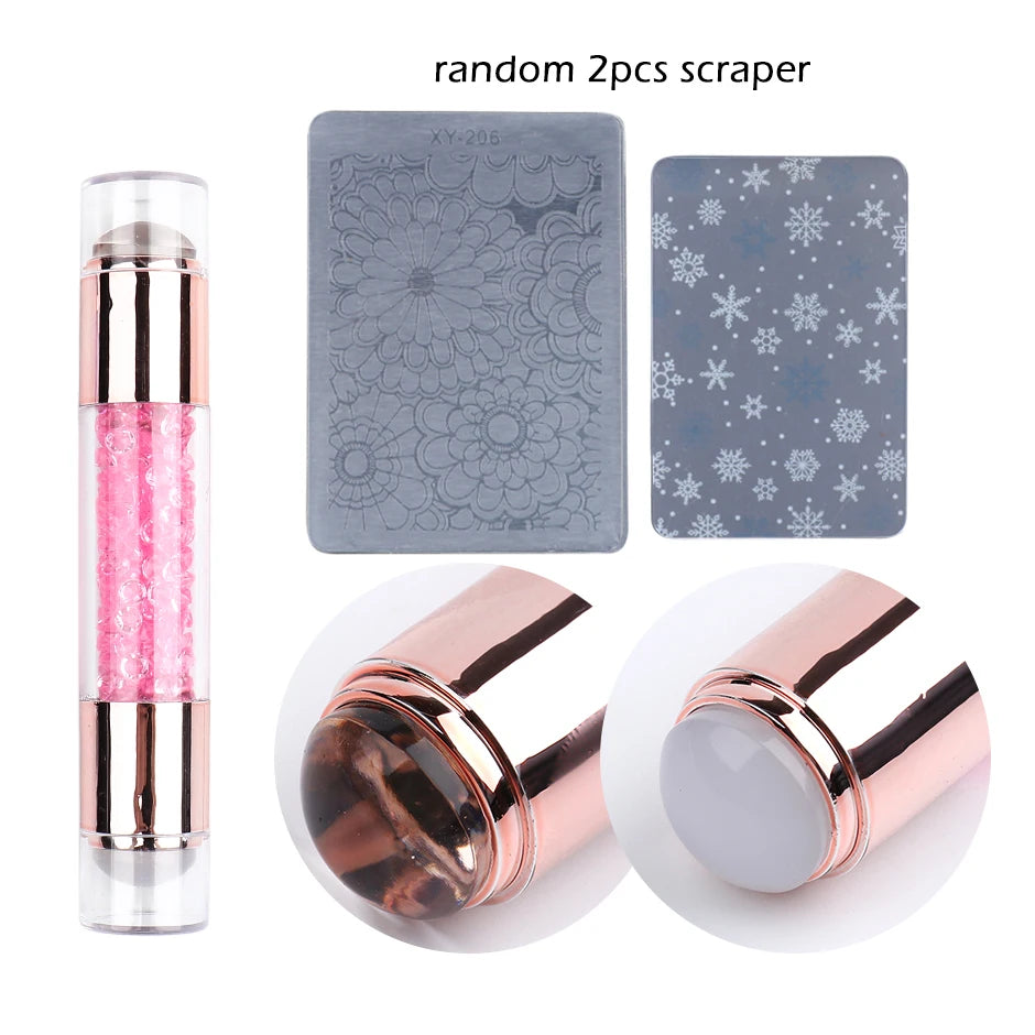 Mirror Nail Stamper Clear Silicone Head Manicure Scraper Polish Transfer Template Kits with Cap Nail Art Stamping Plate CH1033-1