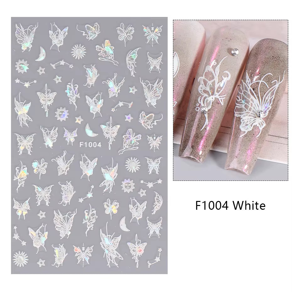 1PCS Black White Butterfly Laser Nail Stickers Y2K Nail Art Decoration Abstract Lines Bronzing Flowers Stickers for Nails