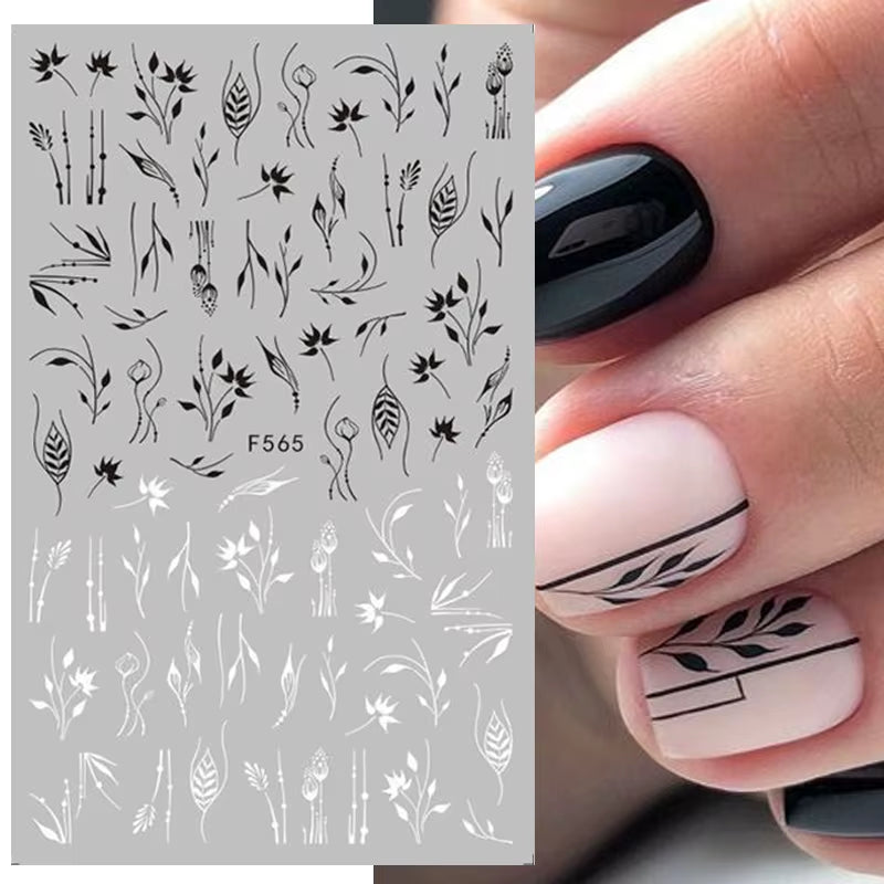 1PCS Black White Butterfly Laser Nail Stickers Y2K Nail Art Decoration Abstract Lines Bronzing Flowers Stickers for Nails