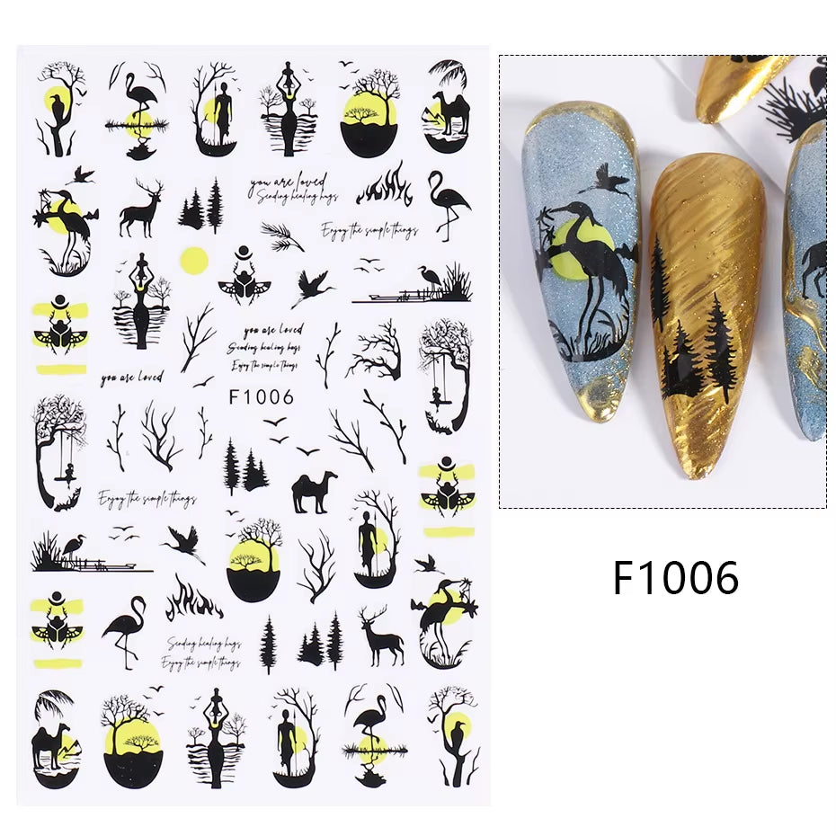 1PCS Black White Butterfly Laser Nail Stickers Y2K Nail Art Decoration Abstract Lines Bronzing Flowers Stickers for Nails