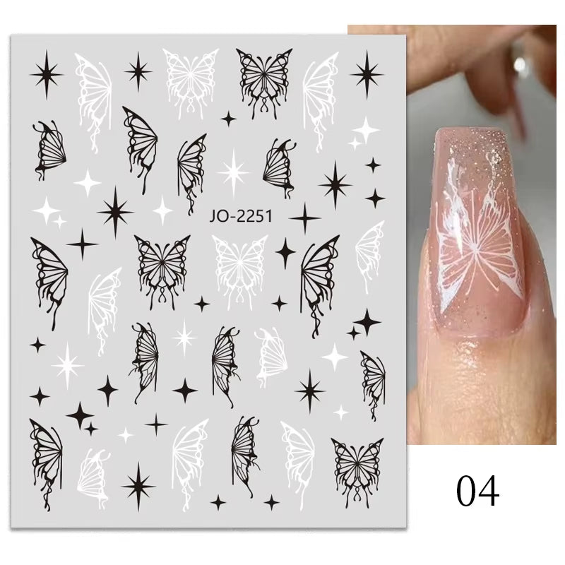 1PCS Black White Butterfly Laser Nail Stickers Y2K Nail Art Decoration Abstract Lines Bronzing Flowers Stickers for Nails