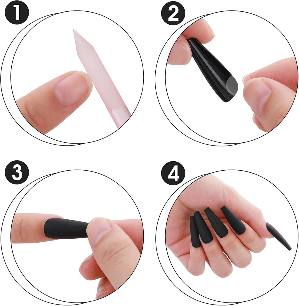 Matte Acrylic Fake Nails Tips Kit Set 100 Pieces False Fingernails Extension Long Square Shape Coffin Ballerina Full Cover on Press Professional Tech DIY Decorations Halloween Day(Black)