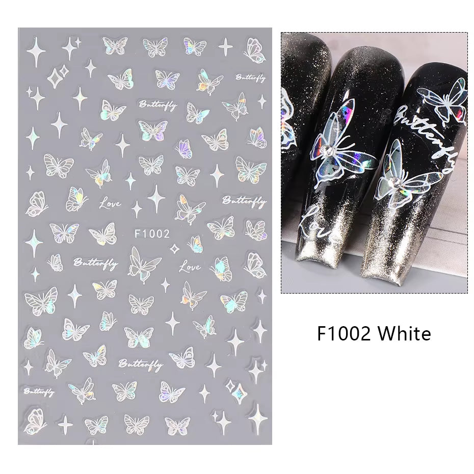 1PCS Black White Butterfly Laser Nail Stickers Y2K Nail Art Decoration Abstract Lines Bronzing Flowers Stickers for Nails