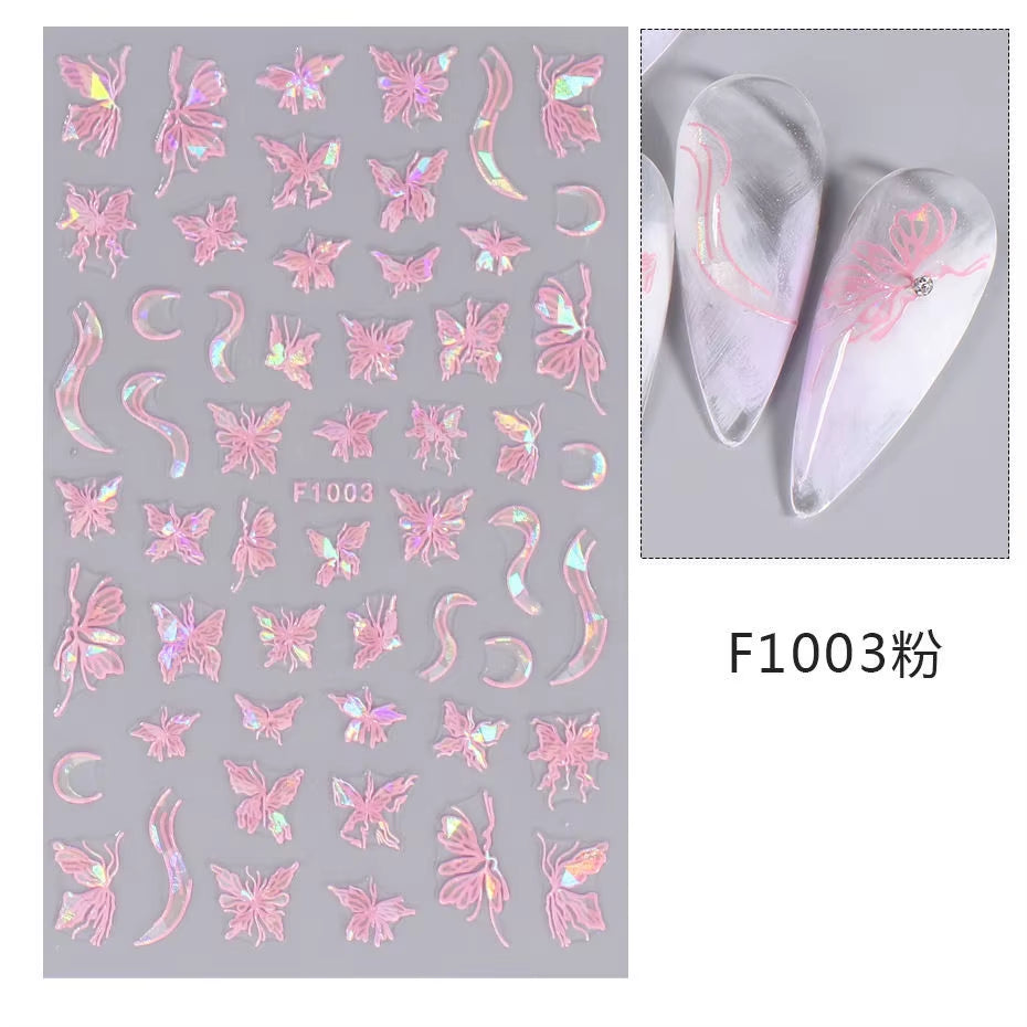 1PCS Black White Butterfly Laser Nail Stickers Y2K Nail Art Decoration Abstract Lines Bronzing Flowers Stickers for Nails