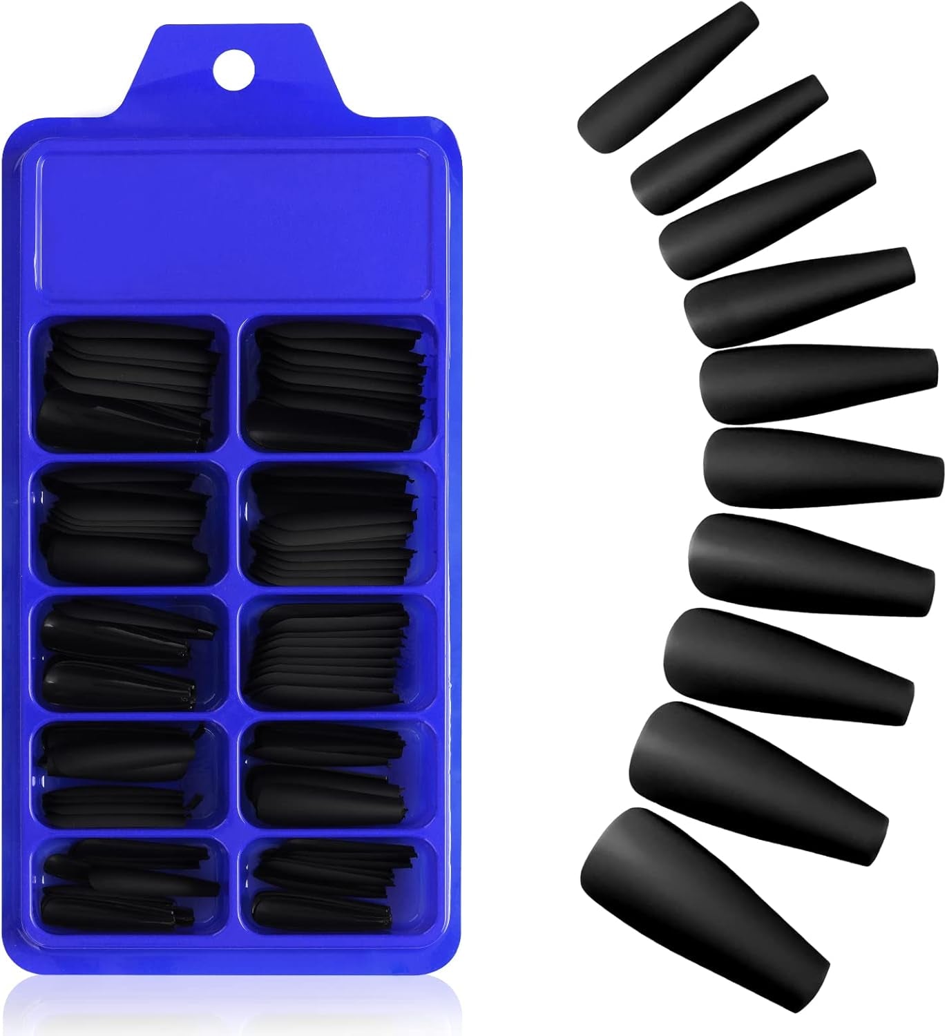 Matte Acrylic Fake Nails Tips Kit Set 100 Pieces False Fingernails Extension Long Square Shape Coffin Ballerina Full Cover on Press Professional Tech DIY Decorations Halloween Day(Black)