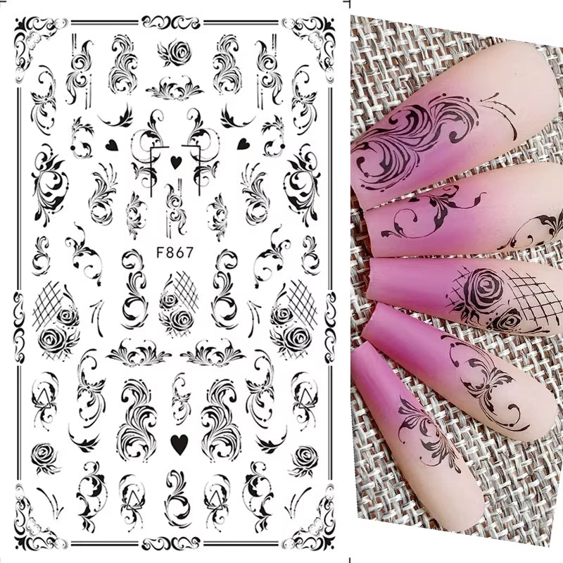 1PCS Black White Butterfly Laser Nail Stickers Y2K Nail Art Decoration Abstract Lines Bronzing Flowers Stickers for Nails