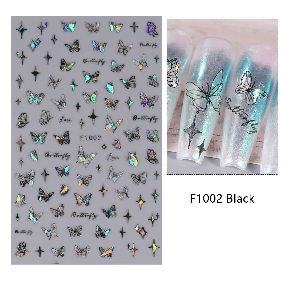 1PCS Black White Butterfly Laser Nail Stickers Y2K Nail Art Decoration Abstract Lines Bronzing Flowers Stickers for Nails