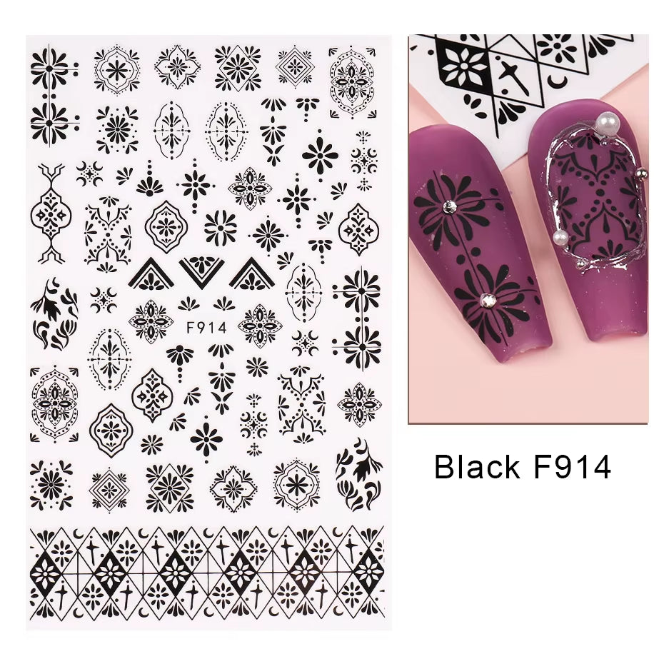 1PCS Black White Butterfly Laser Nail Stickers Y2K Nail Art Decoration Abstract Lines Bronzing Flowers Stickers for Nails