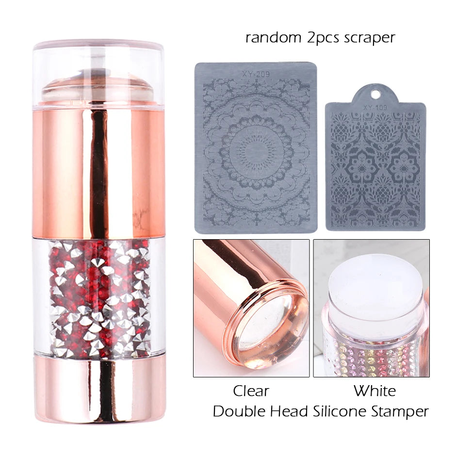 Mirror Nail Stamper Clear Silicone Head Manicure Scraper Polish Transfer Template Kits with Cap Nail Art Stamping Plate CH1033-1