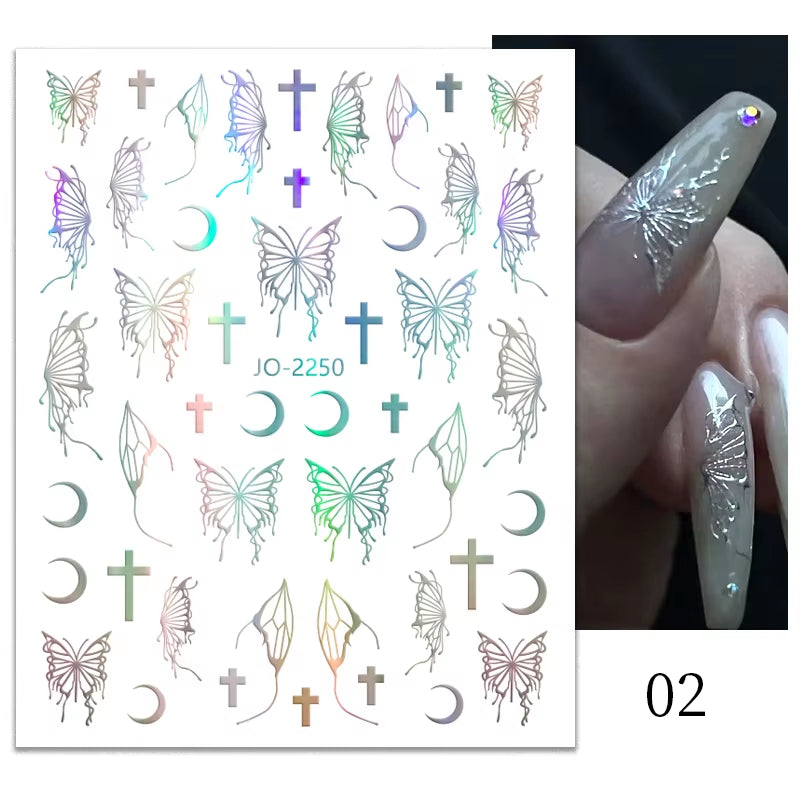 1PCS Black White Butterfly Laser Nail Stickers Y2K Nail Art Decoration Abstract Lines Bronzing Flowers Stickers for Nails