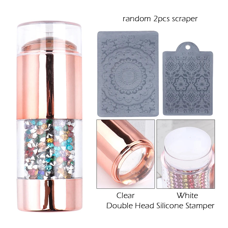 Mirror Nail Stamper Clear Silicone Head Manicure Scraper Polish Transfer Template Kits with Cap Nail Art Stamping Plate CH1033-1